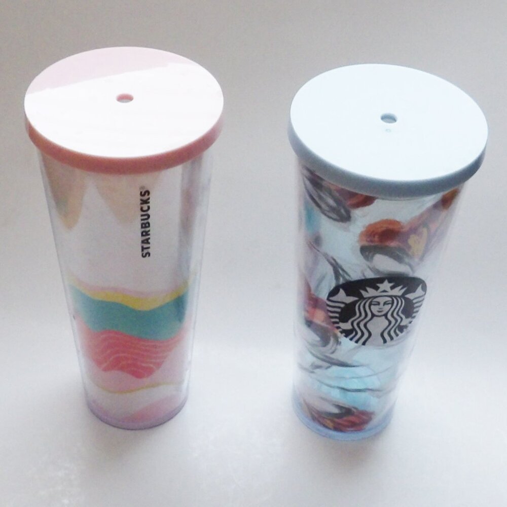 Starbucks Bundle of 2 Large Venti Tumblers 24 oz. No Straws 2019 Peony 2020 Wave - Picture 6 of 11